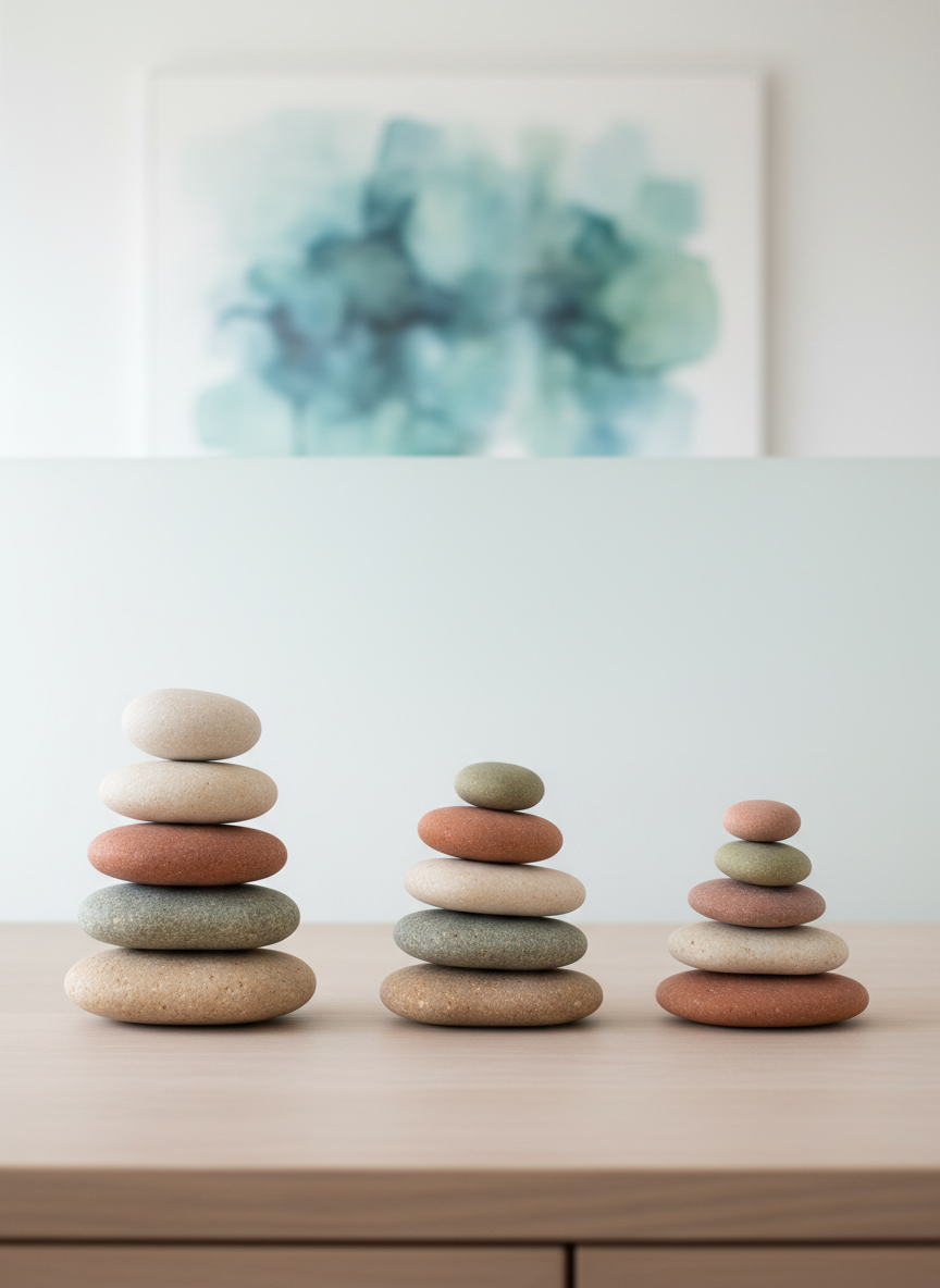 A symbolic representation of emotional balance using three smooth stone stacks of different heights arranged on a light wooden surface. Each stack is composed of carefully balanced, matte, earth-toned stones, subtly varied in color and texture, suggesting the gradual process of psychological growth. Behind them, a frosted glass panel diffuses soft daylight, and a subtle abstract watercolor painting in muted blues and greens hangs on a distant wall, slightly blurred. The lighting is gentle and even, casting delicate shadows under each stone. Photographed straight-on with a clean, minimalist composition and ample negative space, the mood is serene, reflective, and professional, perfect for illustrating mental health support and personal development.