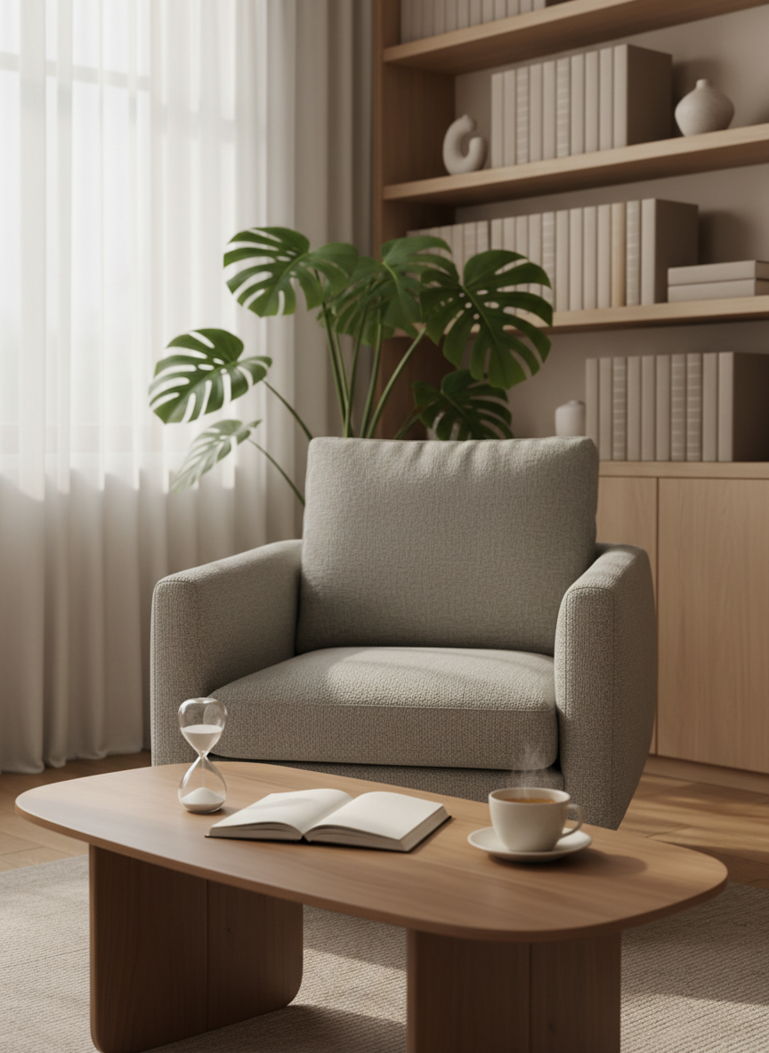 A neatly arranged therapy consultation space represented without people, centered around a comfortable, light-gray upholstered armchair facing a low wooden coffee table with smooth rounded edges. On the table rest an open, blank notebook, a sand timer, and a small ceramic cup of herbal tea, suggesting reflection and brief, focused sessions. The room features pale warm walls, a large leafy indoor plant, and built-in shelves holding neutral-colored books and minimal decor. Soft morning light enters through a sheer-curtained window, creating gentle highlights and soft shadows. Captured at eye level in photographic realism with a shallow depth of field, the composition feels calm, professional, and inviting, ideal for a mental health and emotional wellbeing website homepage.